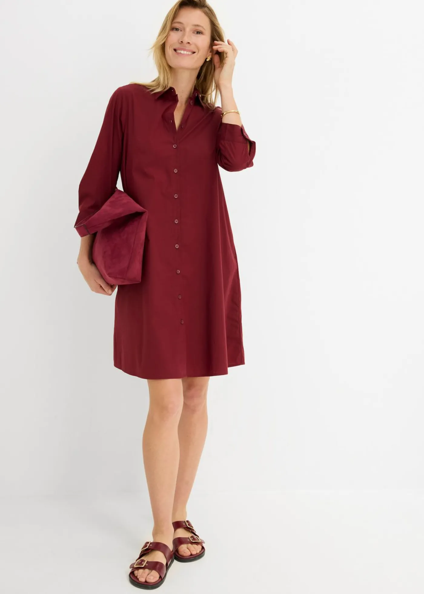bonprix bonprix Vestido camisero de popelín Rojo rubí Online
