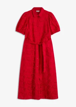 bonprix bonprix Vestido camisero de punto calado de algodón puro rojo intenso