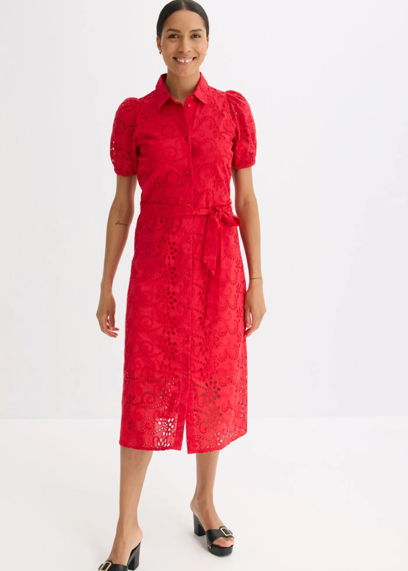 bonprix bonprix Vestido camisero de punto calado de algodón puro rojo intenso