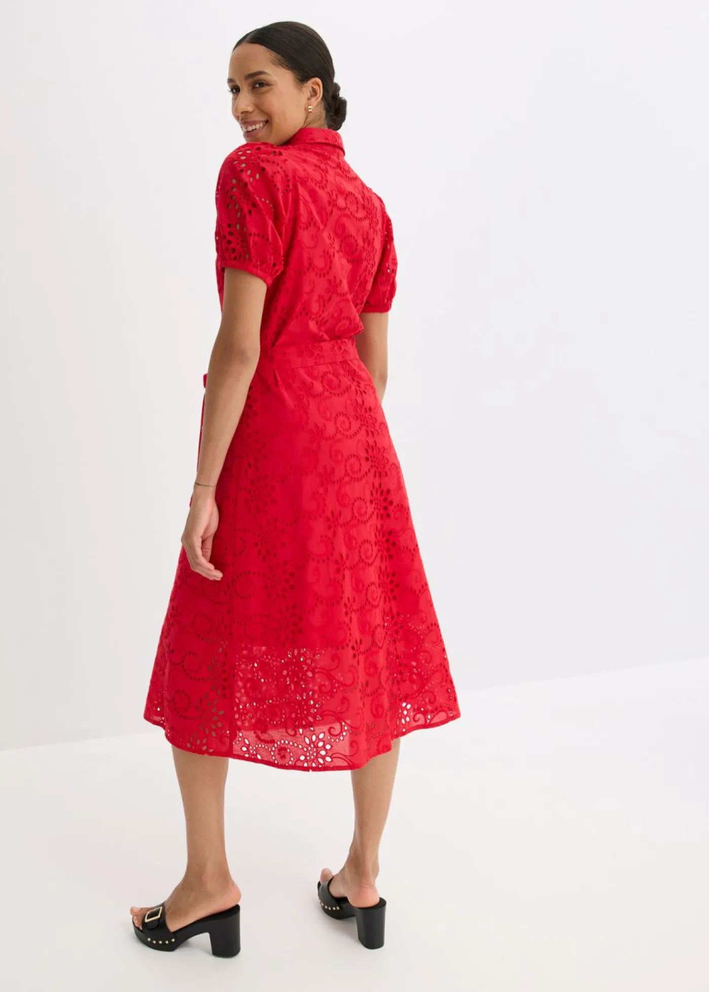 bonprix bonprix Vestido camisero de punto calado de algodón puro rojo intenso