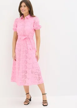 bonprix bonprix Vestido camisero de punto calado de algodón puro Rosa New
