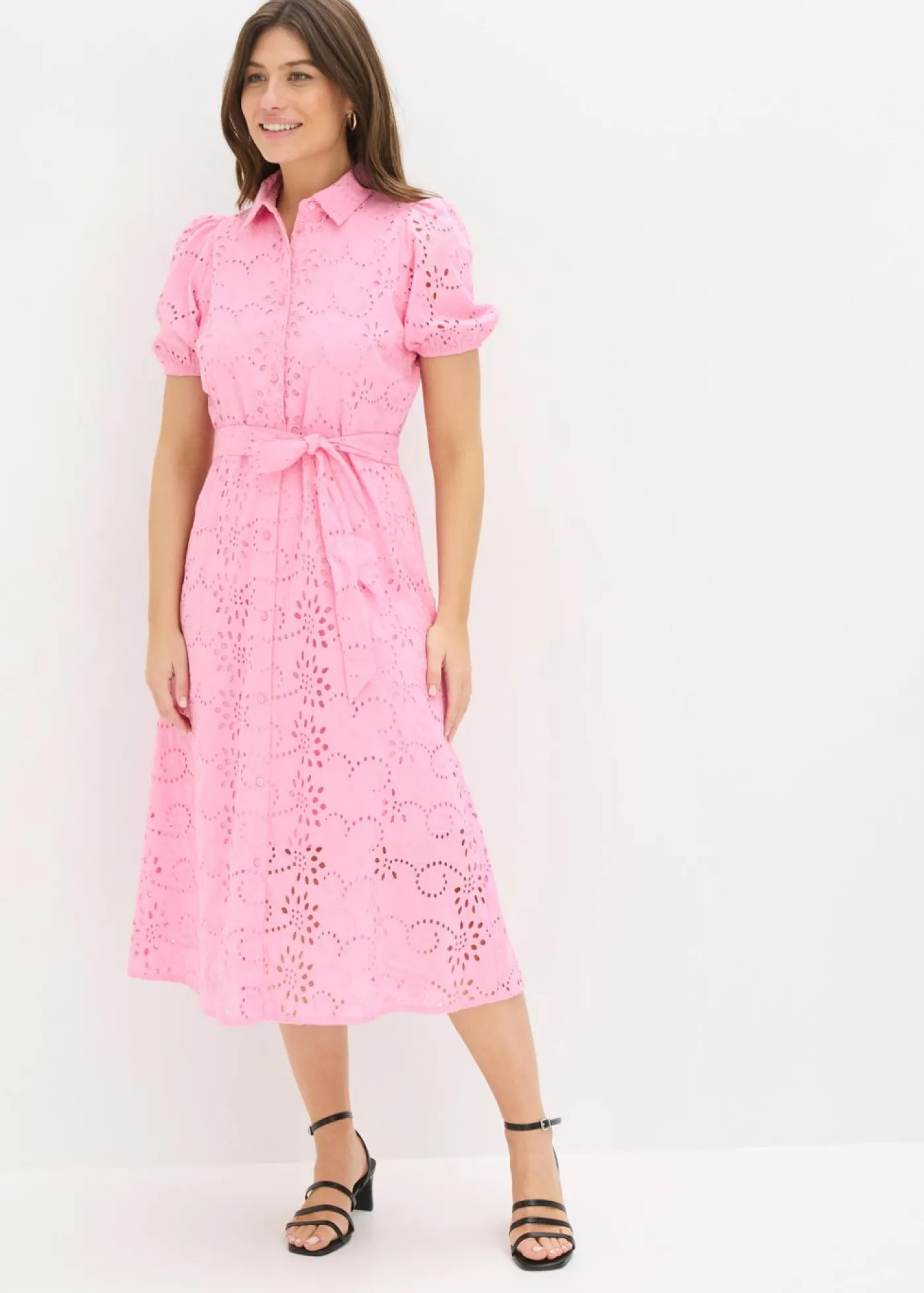 bonprix bonprix Vestido camisero de punto calado de algodón puro Rosa New