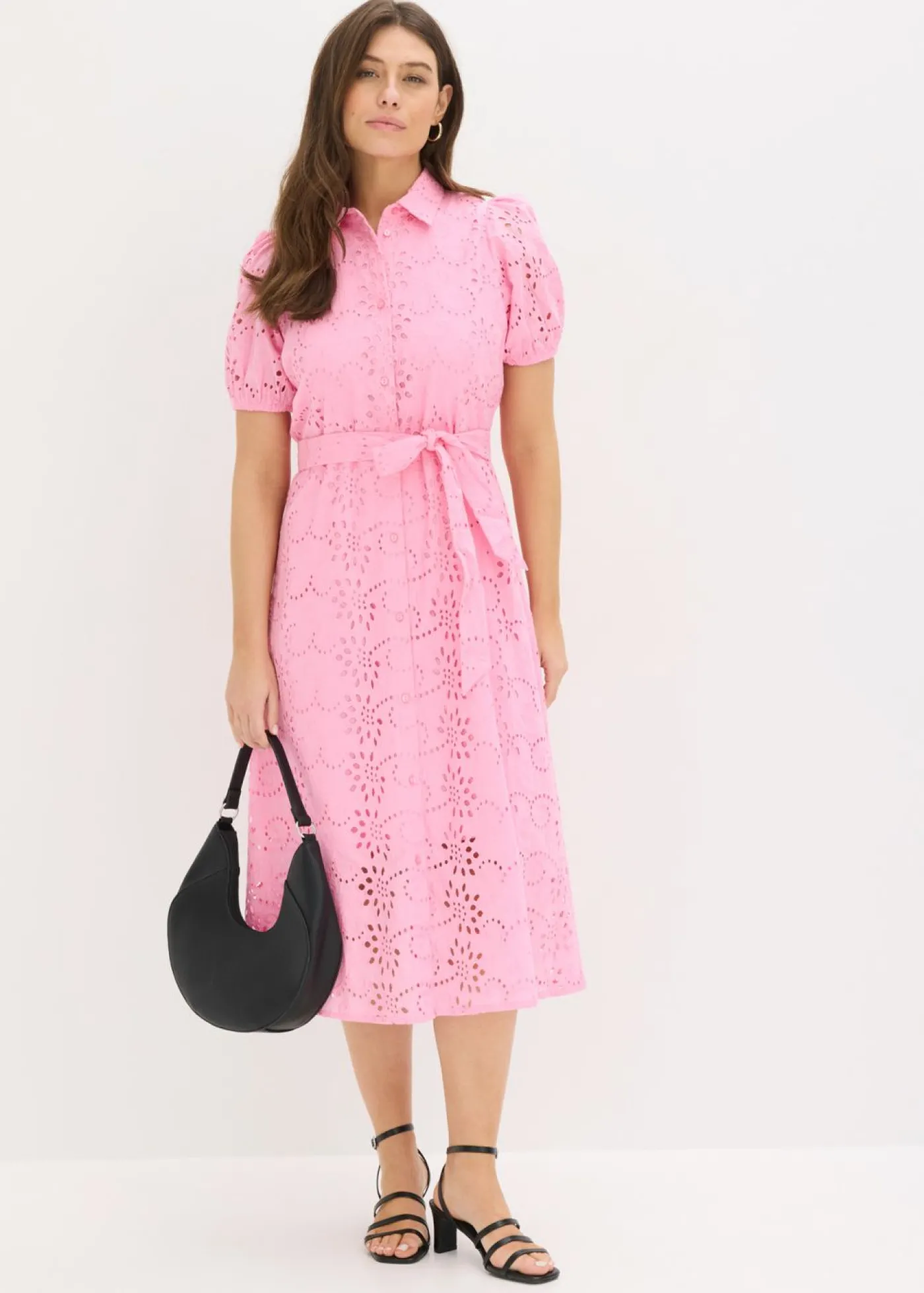 bonprix bonprix Vestido camisero de punto calado de algodón puro Rosa New