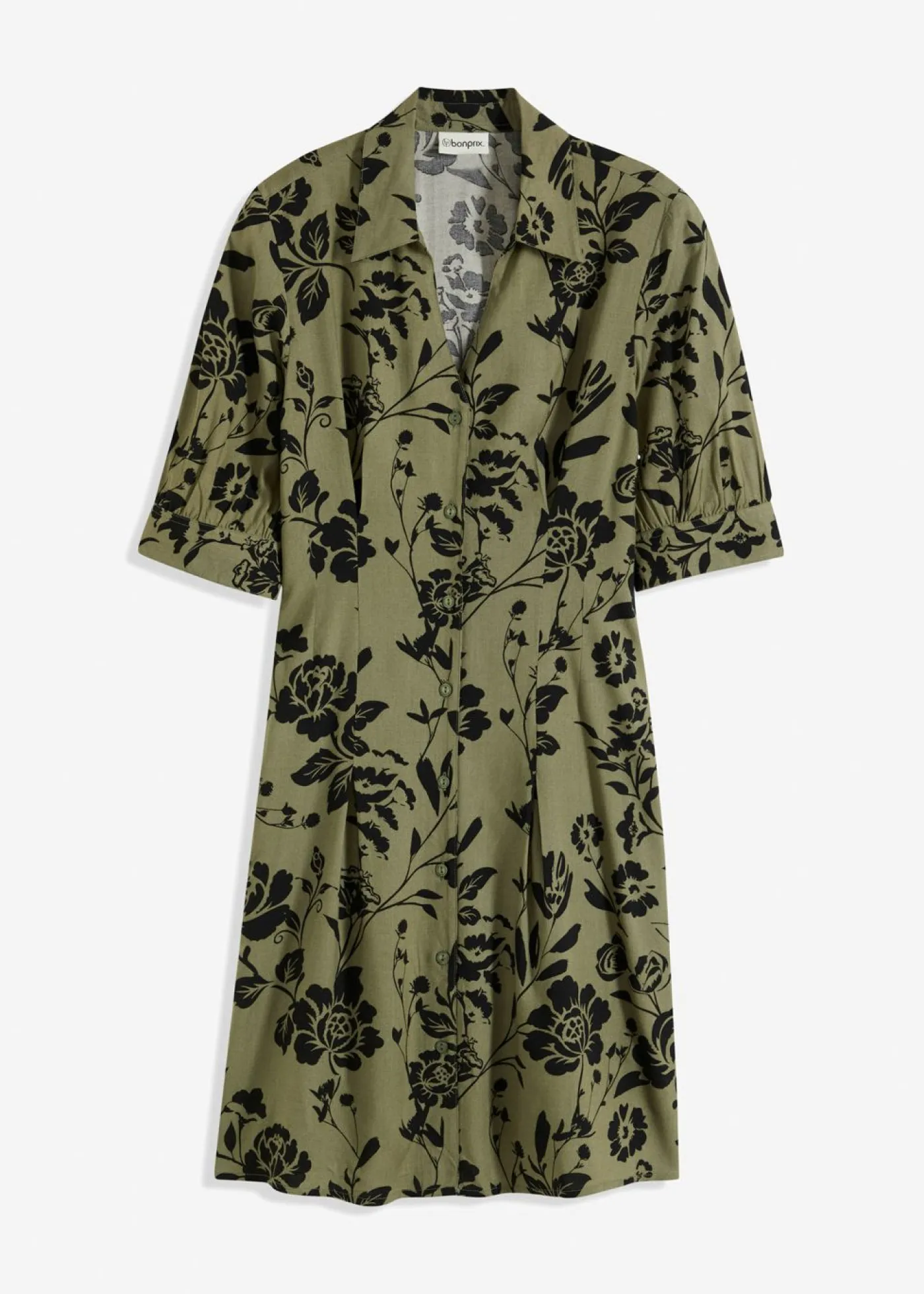 bonprix bonprix Vestido camisero de viscosa fluida verde oliva/negro con flores Hot