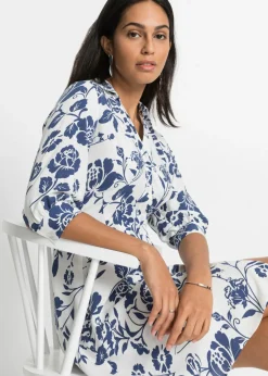 bonprix bonprix Vestido camisero de viscosa fluida crema suave/azul medianoche. con flores Best