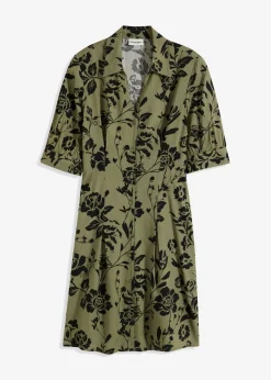 bonprix bonprix Vestido camisero de viscosa fluida verde oliva/negro con flores Outlet