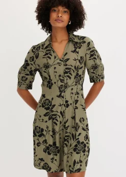 bonprix bonprix Vestido camisero de viscosa fluida verde oliva/negro con flores Outlet