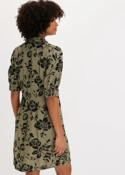 bonprix bonprix Vestido camisero de viscosa fluida verde oliva/negro con flores Outlet