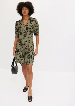 bonprix bonprix Vestido camisero de viscosa fluida verde oliva/negro con flores Outlet