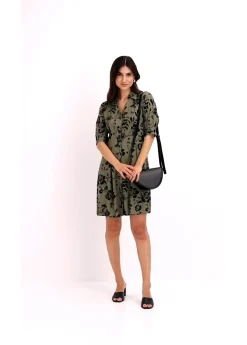 bonprix bonprix Vestido camisero de viscosa fluida verde oliva/negro con flores Outlet