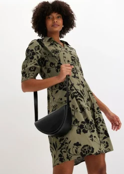 bonprix bonprix Vestido camisero de viscosa fluida verde oliva/negro con flores Outlet