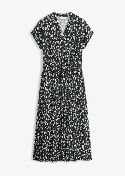 bonprix bonprix Vestido camisero de viscosa fluida Negro de flores Hot