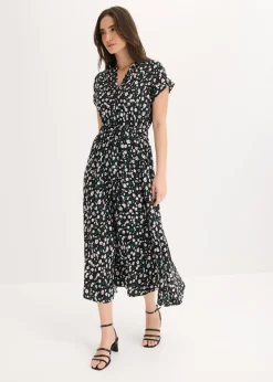 bonprix bonprix Vestido camisero de viscosa fluida Negro de flores Hot