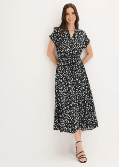 bonprix bonprix Vestido camisero de viscosa fluida Negro de flores Hot