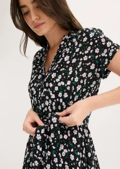 bonprix bonprix Vestido camisero de viscosa fluida Negro de flores Hot