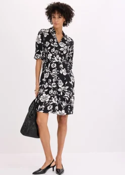 bonprix bonprix Vestido camisero de viscosa fluida Negro-blanco lana de flores Online