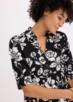 bonprix bonprix Vestido camisero de viscosa fluida Negro-blanco lana de flores Online