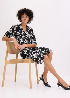 bonprix bonprix Vestido camisero de viscosa fluida Negro-blanco lana de flores Online