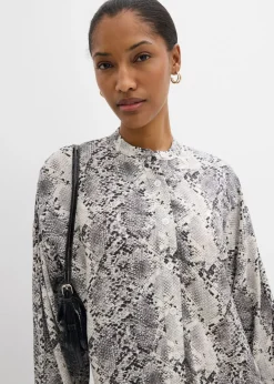 bonprix bonprix Vestido camisero holgado de viscosa fina piel de serpiente negro-blanco Hot