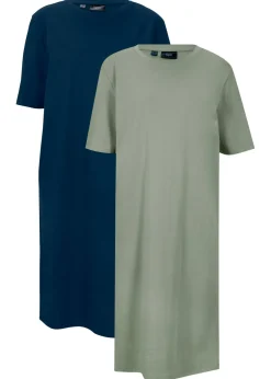 bonprix bonprix Vestido camisero holgado de algodón puro (2 unidades) Azul marino + verde hierba Discount
