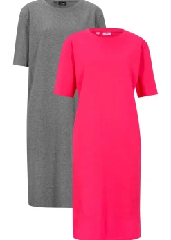bonprix bonprix Vestido camisero holgado de algodón puro (2 unidades) Rosa hibisco + gris jaspeado Outlet