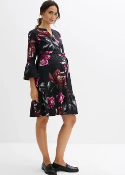 bonprix bonprix Vestido camisero premamá/de lactancia de satén de algodón orgánico puro negro-rosa antiguo con flores New