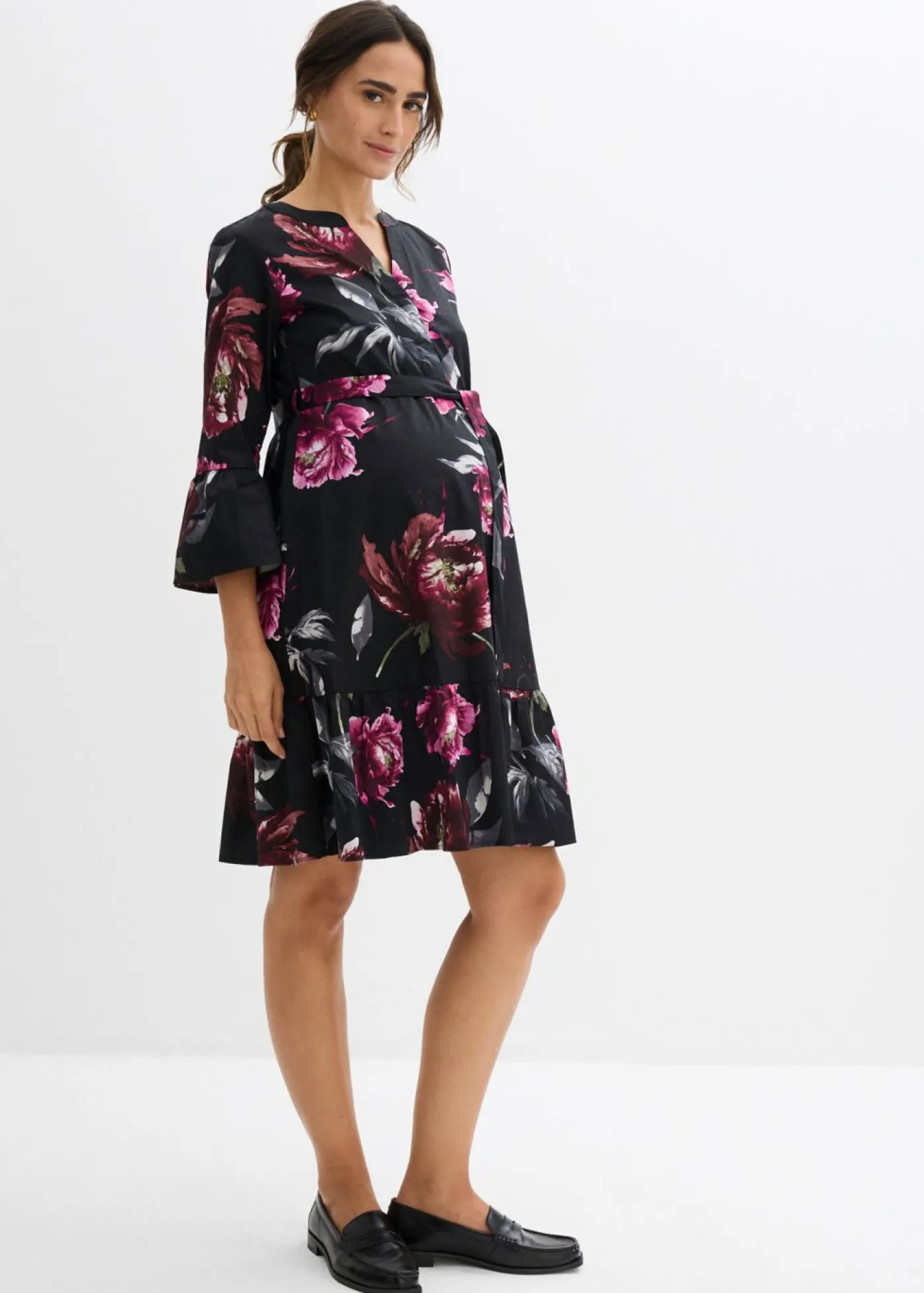 bonprix bonprix Vestido camisero premamá/de lactancia de satén de algodón orgánico puro negro-rosa antiguo con flores New