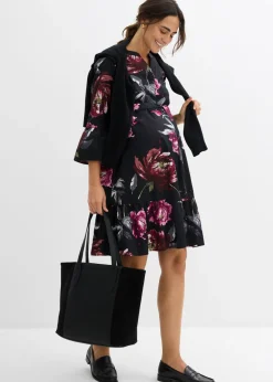 bonprix bonprix Vestido camisero premamá/de lactancia de satén de algodón orgánico puro negro-rosa antiguo con flores New