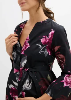 bonprix bonprix Vestido camisero premamá/de lactancia de satén de algodón orgánico puro negro-rosa antiguo con flores New