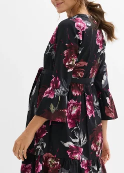 bonprix bonprix Vestido camisero premamá/de lactancia de satén de algodón orgánico puro negro-rosa antiguo con flores New