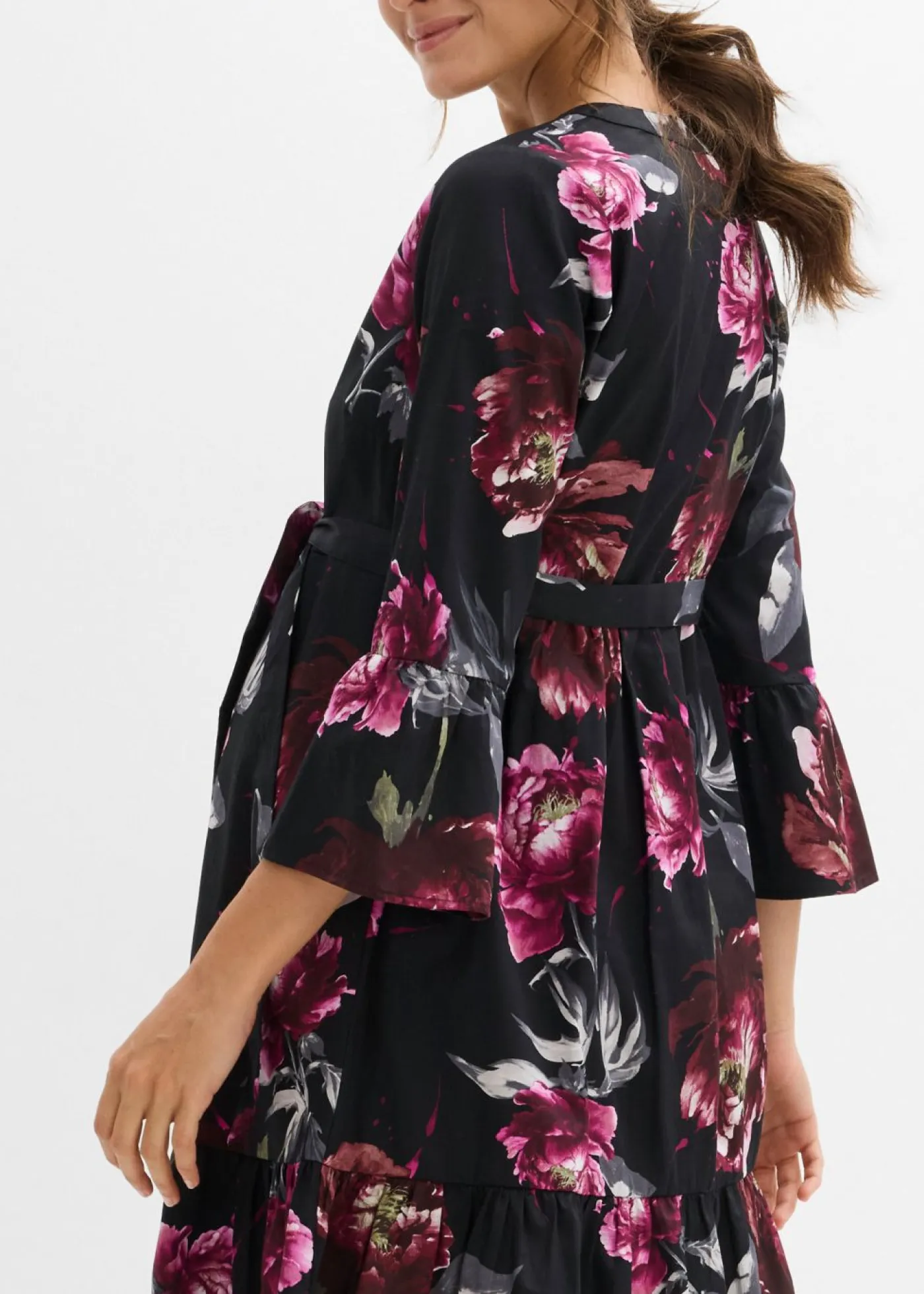 bonprix bonprix Vestido camisero premamá/de lactancia de satén de algodón orgánico puro negro-rosa antiguo con flores New