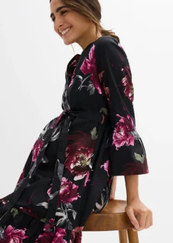 bonprix bonprix Vestido camisero premamá/de lactancia de satén de algodón orgánico puro negro-rosa antiguo con flores New