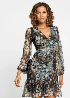 bonprix bonprix Vestido con diseño cruzado marrón oscuro / beige / amarillo Outlet