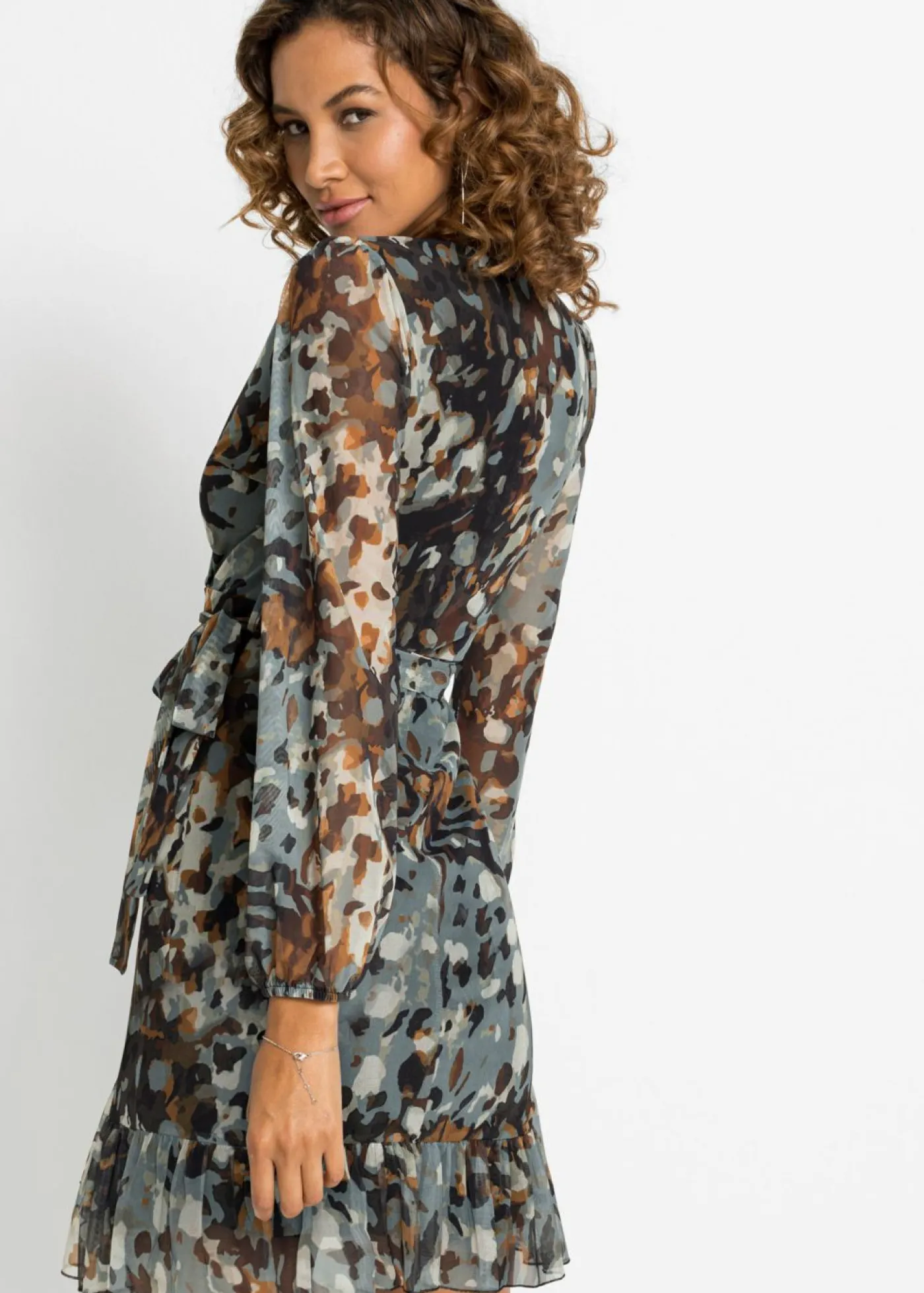bonprix bonprix Vestido con diseño cruzado marrón oscuro / beige / amarillo Outlet