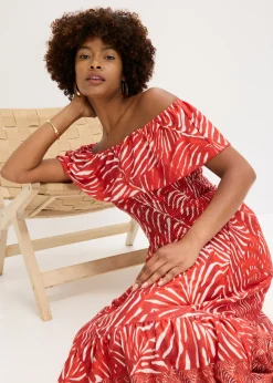 bonprix bonprix Vestido con escote bañera Rojo-blanco Online