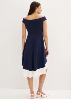 bonprix bonprix Vestido con escote bañera y detalle de nudo Azul marino-blanco New