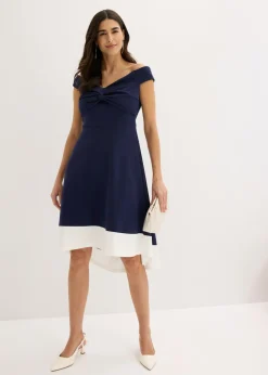 bonprix bonprix Vestido con escote bañera y detalle de nudo Azul marino-blanco New