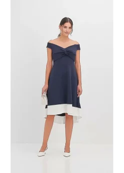 bonprix bonprix Vestido con escote bañera y detalle de nudo Azul marino-blanco New