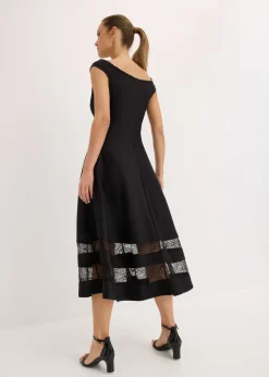 bonprix bonprix Vestido con escote bañera, encaje y cinturón Negro New