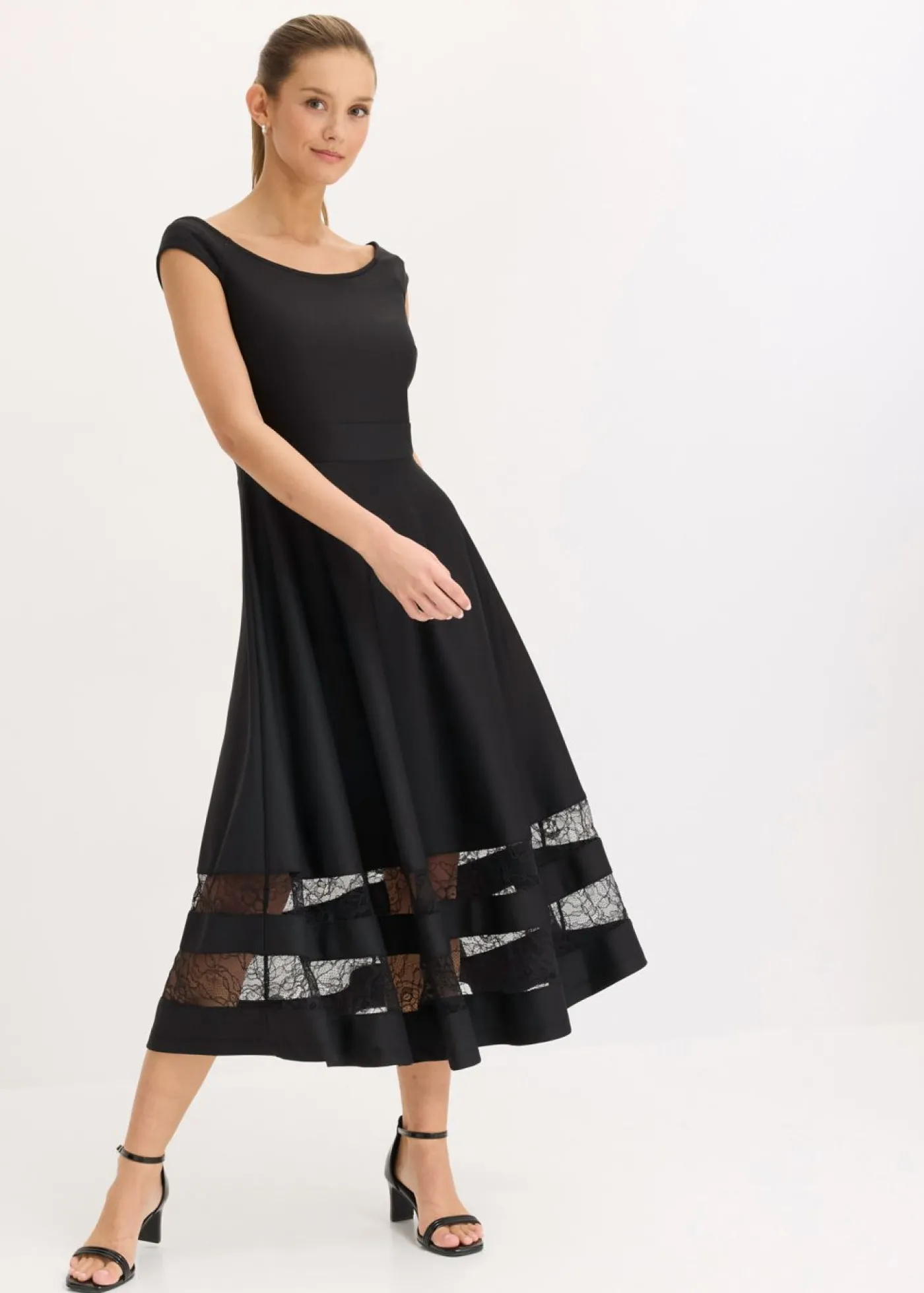 bonprix bonprix Vestido con escote bañera, encaje y cinturón Negro New