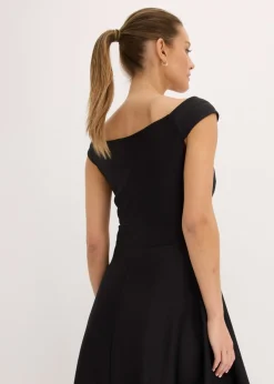 bonprix bonprix Vestido con escote bañera, encaje y cinturón Negro New