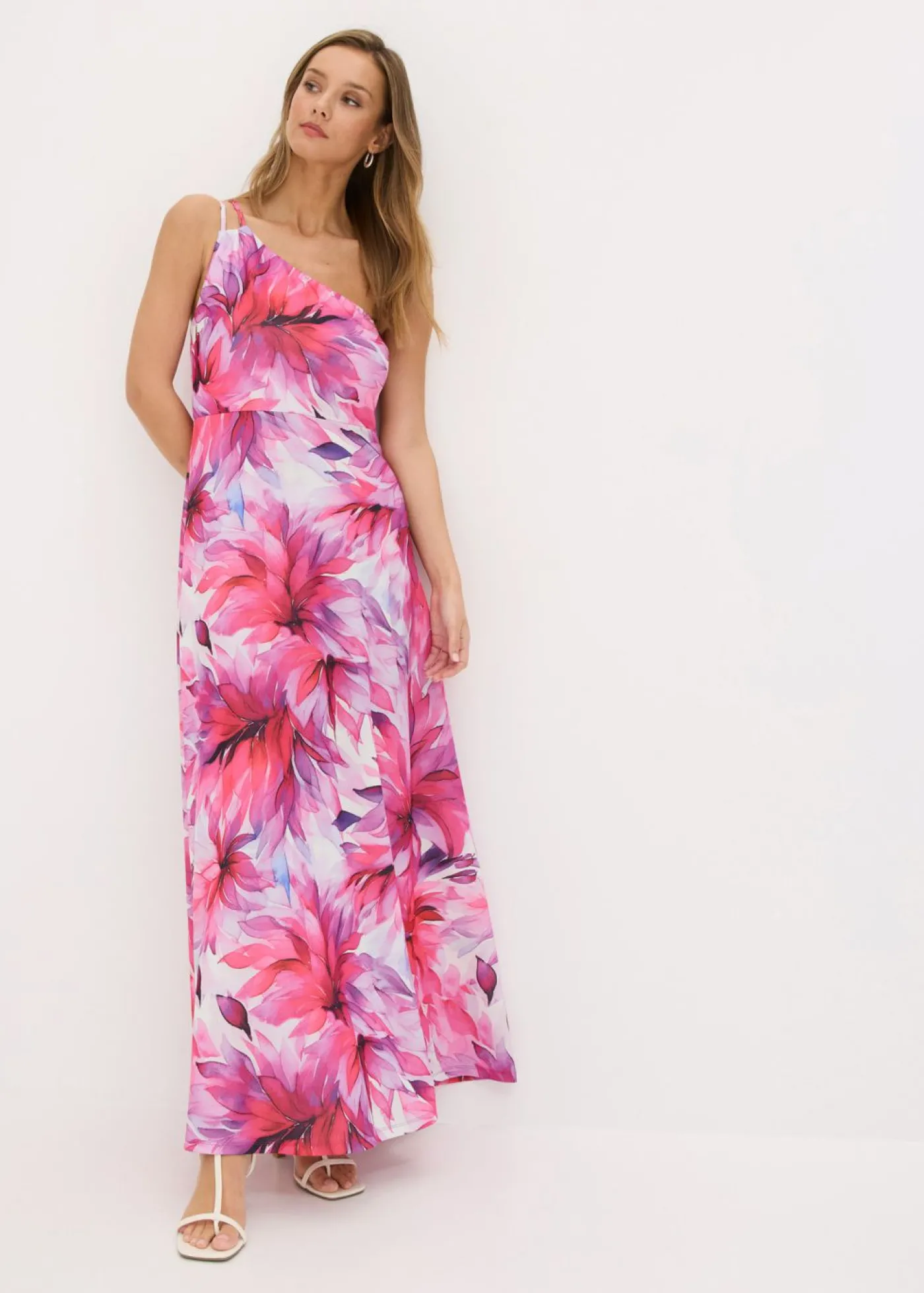 bonprix bonprix Vestido con hombro al descubierto en crepé texturizado Blanco-rosa de flores Online
