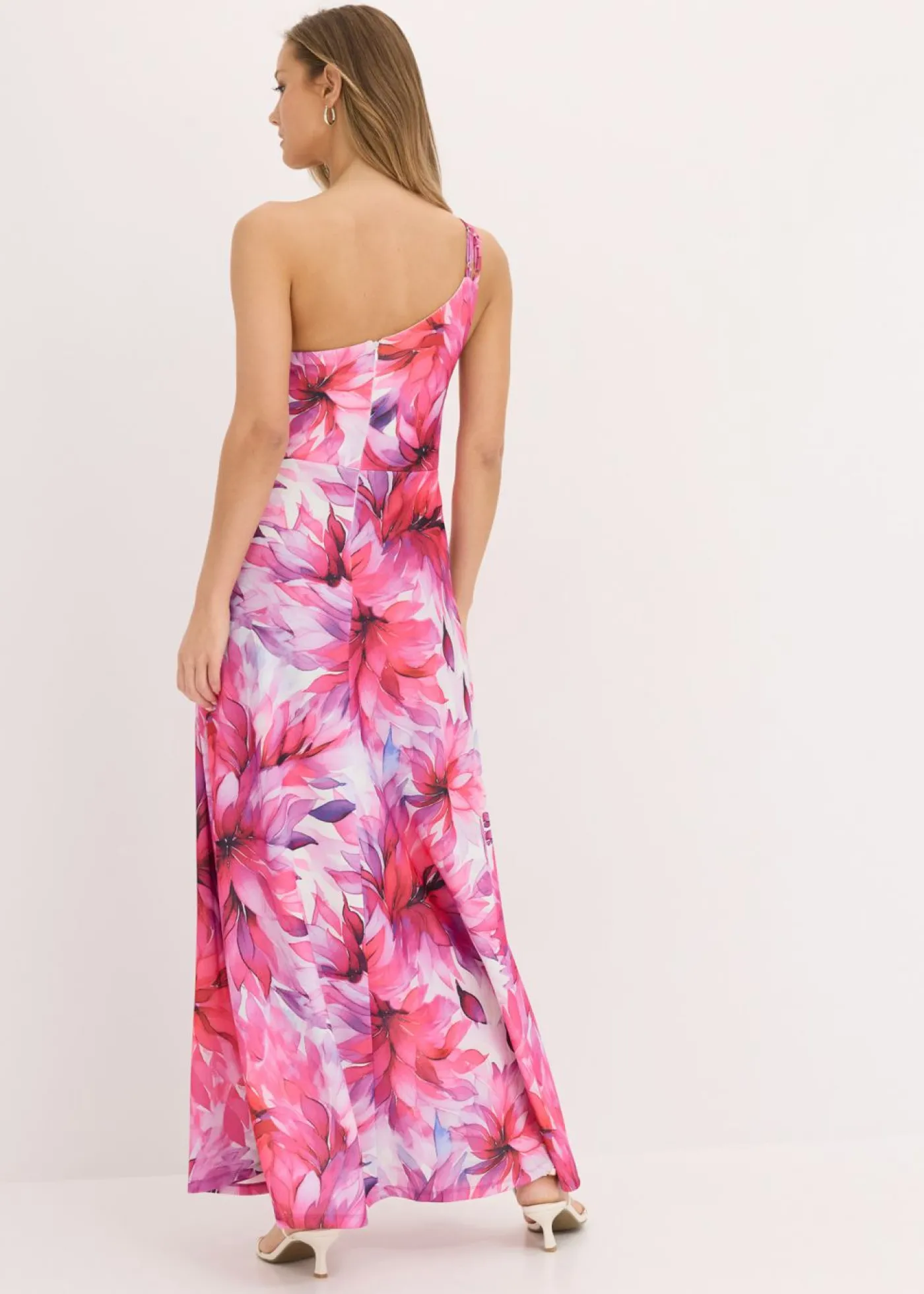 bonprix bonprix Vestido con hombro al descubierto en crepé texturizado Blanco-rosa de flores Online