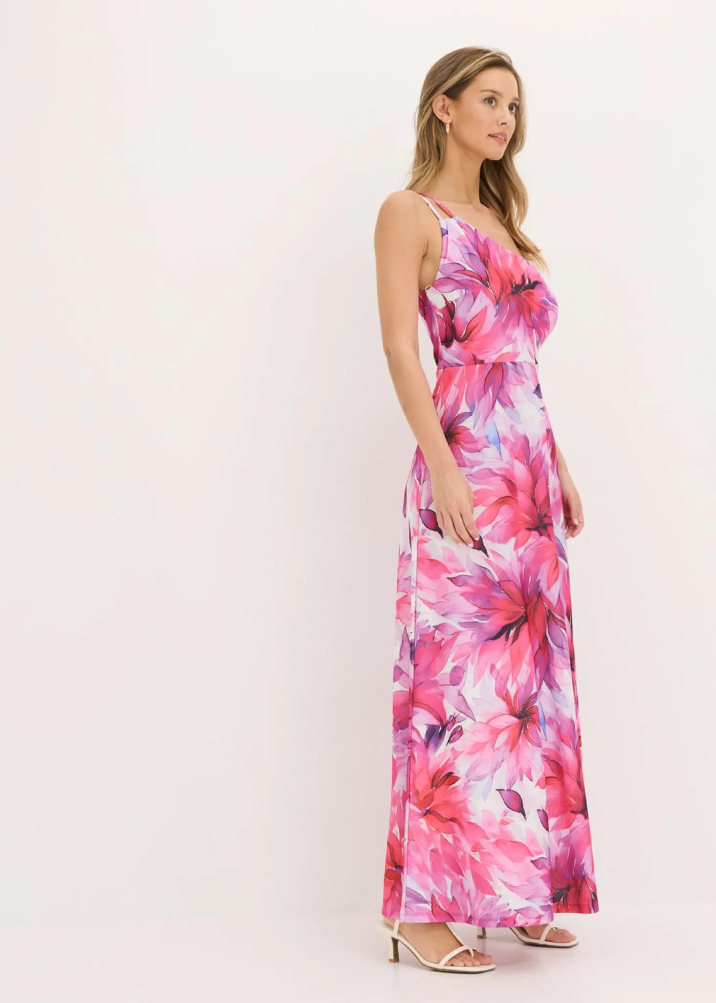 bonprix bonprix Vestido con hombro al descubierto en crepé texturizado Blanco-rosa de flores Online