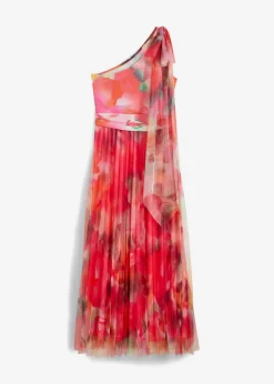bonprix bonprix Vestido con un hombro al descubierto y falda de tul plisado rosa caliente/verde Outlet