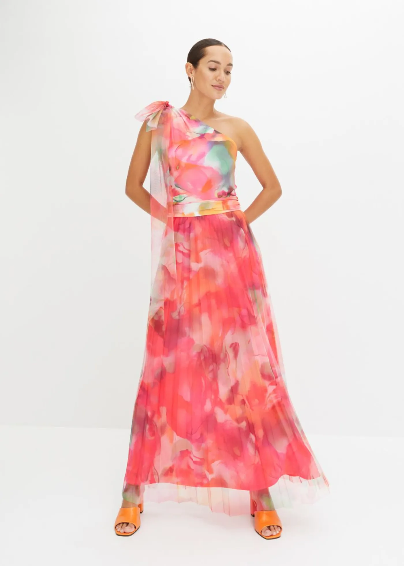 bonprix bonprix Vestido con un hombro al descubierto y falda de tul plisado rosa caliente/verde Outlet