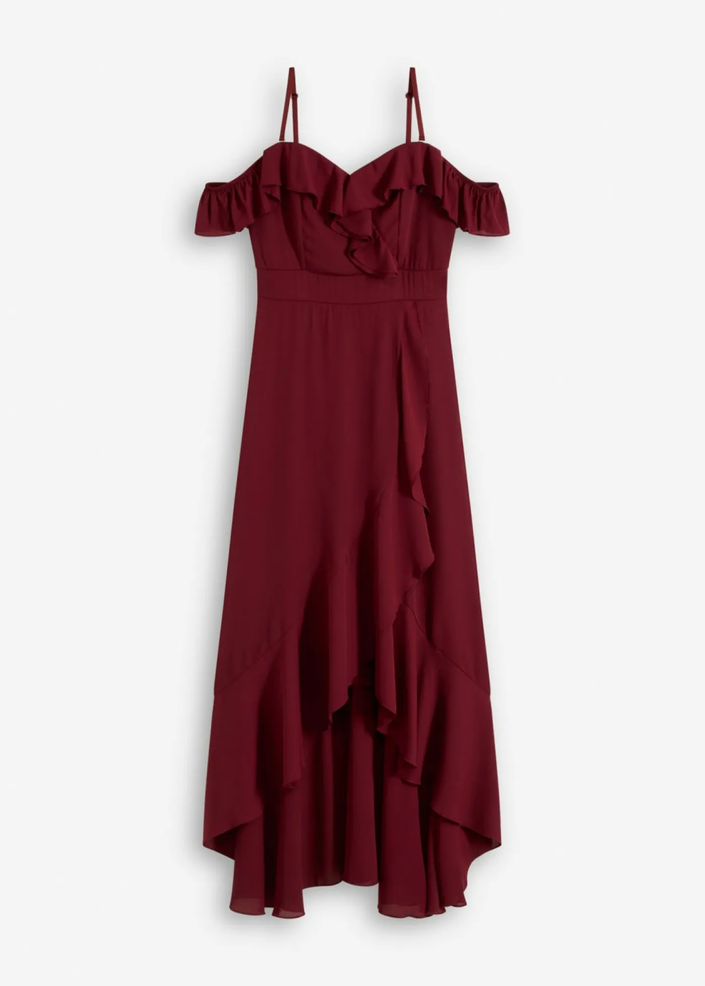 bonprix bonprix Vestido con volantes y escote bañera Rojo rubí Sale