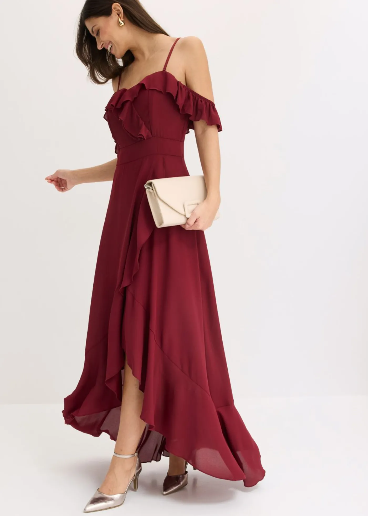 bonprix bonprix Vestido con volantes y escote bañera Rojo rubí Sale