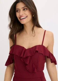 bonprix bonprix Vestido con volantes y escote bañera Rojo rubí Sale