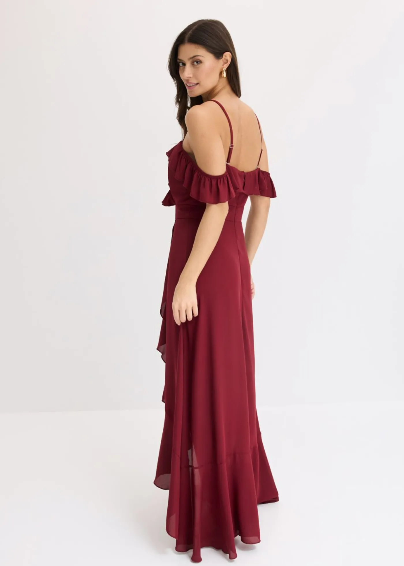 bonprix bonprix Vestido con volantes y escote bañera Rojo rubí Sale